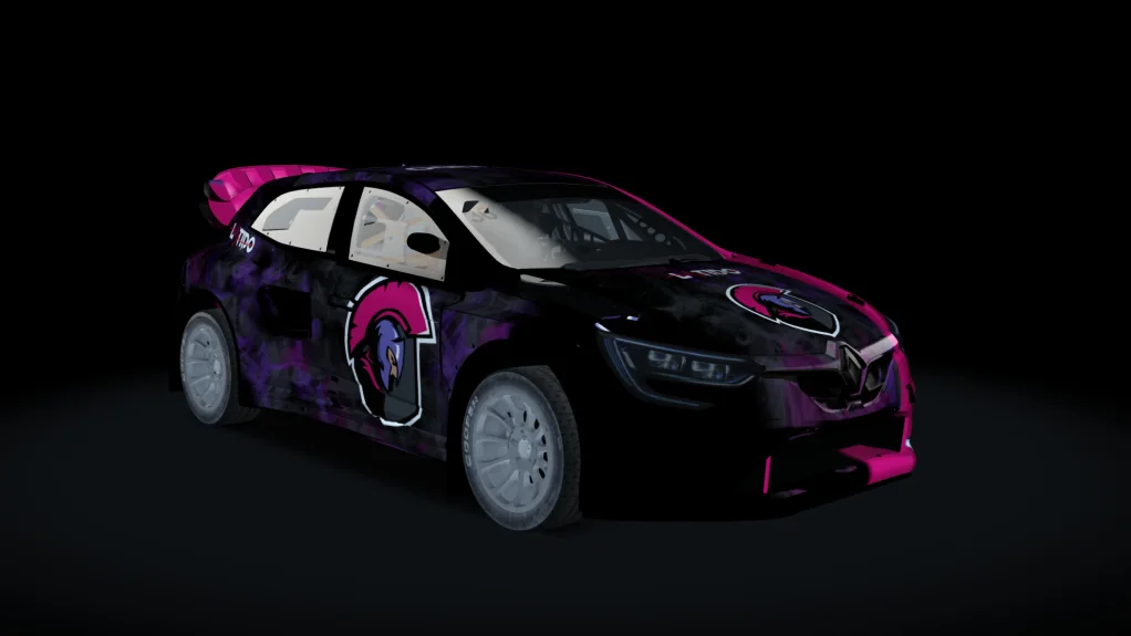 Rally car with a custom purple and pink livery